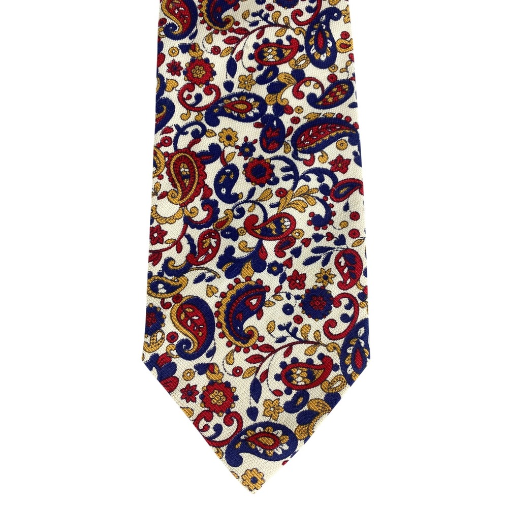 VTG Splash Tie Mens Cream Red Blue Paisley Hopsack Weave Retro Boho 57x3.5
